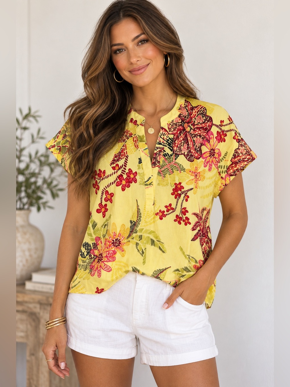 Maude Vivante Yellow Tropical Floral Blouse Top NWT Size M